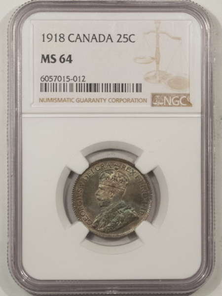 New Certified Coins CANADA 1918 GEORGE V 25c, NGC MS-64 PQ-COMES WITH AN ORIGINAL ICCS MS-65 INSERT!