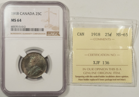 New Certified Coins CANADA 1918 GEORGE V 25c, NGC MS-64 PQ-COMES WITH AN ORIGINAL ICCS MS-65 INSERT!