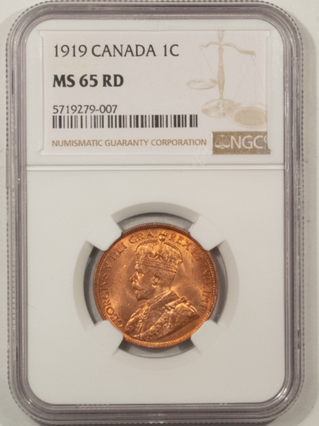 New Certified Coins CANADA 1919 LARGE CENT, KM-21 – NGC MS-65 RD, BLAZING RED GEM!