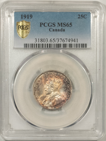 New Certified Coins CANADA 1919 GEORGE V 25c, PCGS MS-65, ORIGINAL GEM, GORGEOUS LUSTER & TONING-PQ!