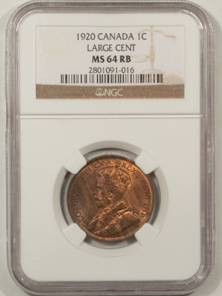 New Certified Coins CANADA 1920 LARGE CENT, KM-21 – NGC MS-64 RB