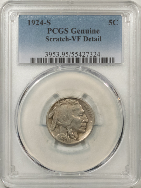 Buffalo Nickels 1924-S BUFFALO NICKEL – PCGS GENUINE SCRATCH-VF DETAIL, NICE LOOK STRONG DETAILS