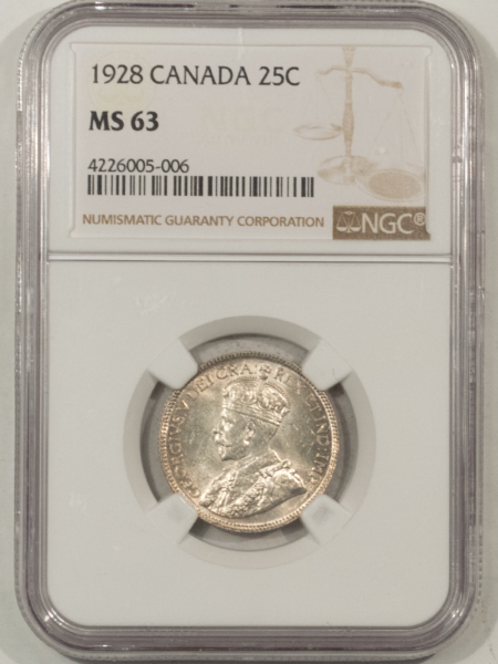 New Certified Coins CANADA 1928 GEORGE V 25c, NGC MS-63, FRESH, LUSTROUS-WHITE & VERY CHOICE!