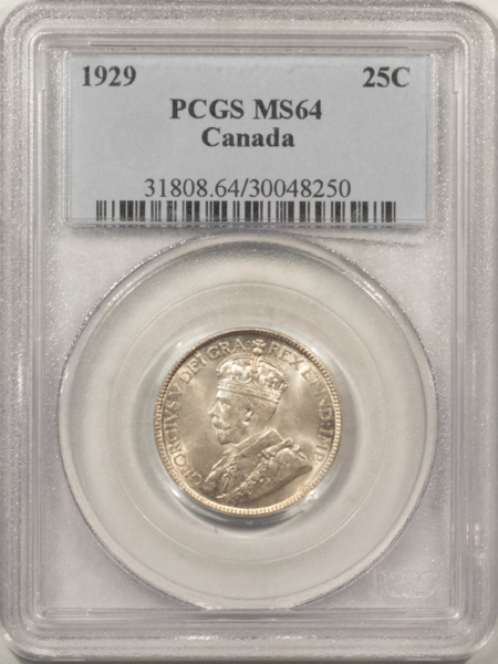 New Certified Coins CANADA 1929 TWENTY FIVE CENTS 25C, KM-24a – PCGS MS-64, FLASHY GEM, GEORGE V