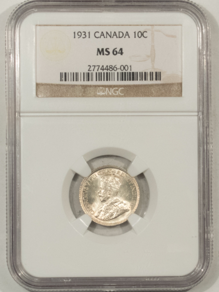 New Certified Coins CANADA 1931 GEORGE V 10c, NGC MS-64-FRESH & BLAST-WHITE; RARE IN HIGH GRADE!