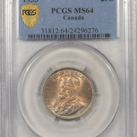 New Certified Coins 1933 CANADA GEORGE V 25c, PCGS MS-64, BEAUTIFUL GOLDEN PATINA, STRONG LUSTER-PQ!