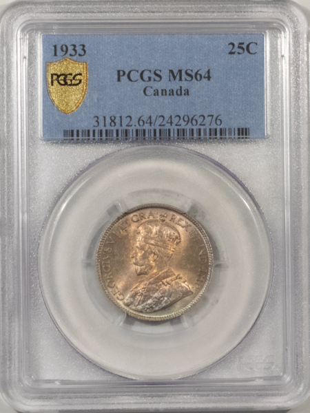 New Certified Coins 1933 CANADA GEORGE V 25c, PCGS MS-64, BEAUTIFUL GOLDEN PATINA, STRONG LUSTER-PQ!