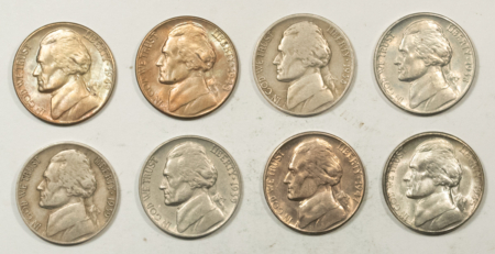 Jefferson Nickels 1938-1949 JEFFERSON NICKELS, LOT OF 8 – CIRCULATED TO BU!