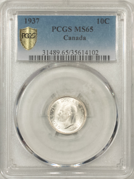 New Certified Coins CANADA 1937 GEORGE VI 10c, PCGS MS-65; BLAZING WHITE GEM-SCARCE IN MS-65!