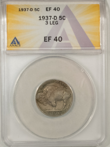 Buffalo Nickels 1937-D 3 LEGS BUFFALO NICKEL – ANACS EF-40, NICE KEY-DATE, LOOKS 45+