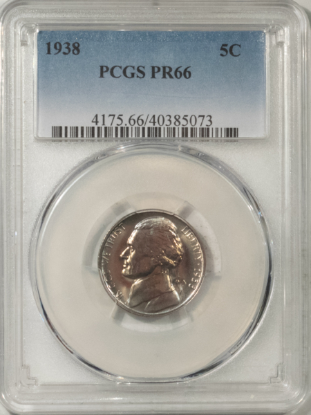 Jefferson Nickels 1938 PROOF JEFFERSON NICKEL – PCGS PR-66, PRETTY!