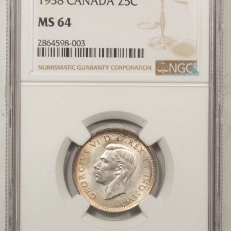 New Certified Coins CANADA 1938 TWENTY FIVE CENTS 25C, KM-35 – NGC MS-64, PRETTY & PQ, GEORGE VI