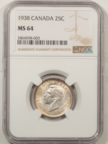 New Certified Coins CANADA 1938 TWENTY FIVE CENTS 25C, KM-35 – NGC MS-64, PRETTY & PQ, GEORGE VI