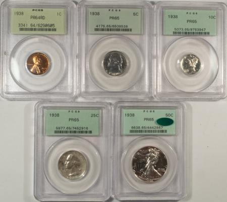 New Certified Coins BEAUTIFUL FRESH 1938 PROOF SET, GEM, EYE APPEALING COINS, ALL HOUSED IN PCGS OGH