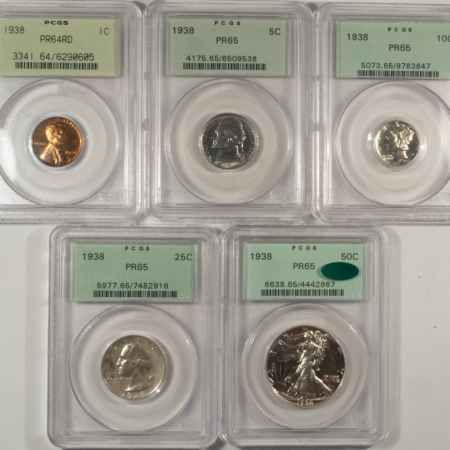 New Certified Coins BEAUTIFUL FRESH 1938 PROOF SET, GEM, EYE APPEALING COINS, ALL HOUSED IN PCGS OGH