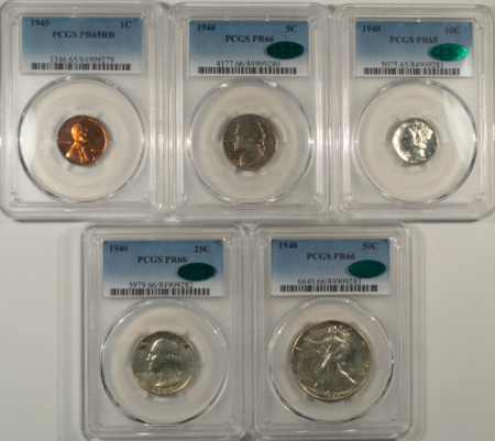 New Certified Coins 1940 PROOF SET, SUPERB GEM PR-65 TO 66, ALL CAC EXCEPT 1c; FRESH & ORIGINAL!