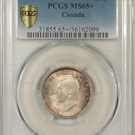 New Certified Coins CANADA 1942 GEORGE VI 25c, PCGS MS-65+, PRISITNE SURFACES, RADIANT SATINY LUSTER