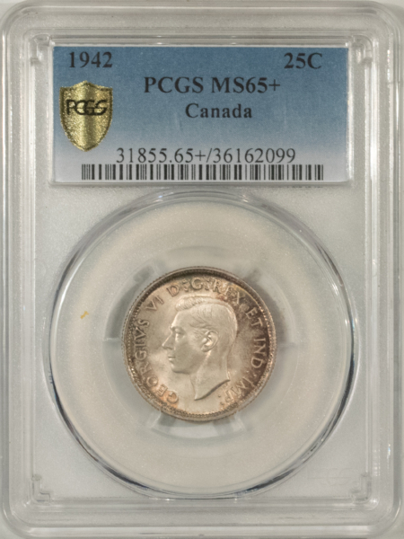 New Certified Coins CANADA 1942 GEORGE VI 25c, PCGS MS-65+, PRISITNE SURFACES, RADIANT SATINY LUSTER