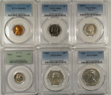 New Certified Coins 1942 6 PC PROOF SET, PCGS PR-65 TO 66; ORIGINAL EYE APPEALING GEMS-WHOLESOME!