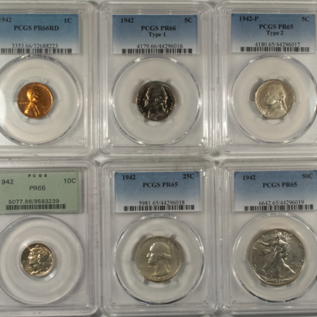 New Certified Coins 1942 6 PC PROOF SET, PCGS PR-65 TO 66; ORIGINAL EYE APPEALING GEMS-WHOLESOME!