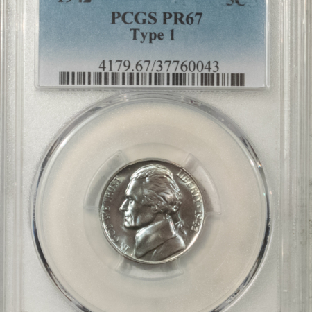 Jefferson Nickels 1942 PROOF JEFFERSON NICKEL TY I, PCGS PR-67, ICY BLUE, PREMIUM QUALITY, PRETTY!