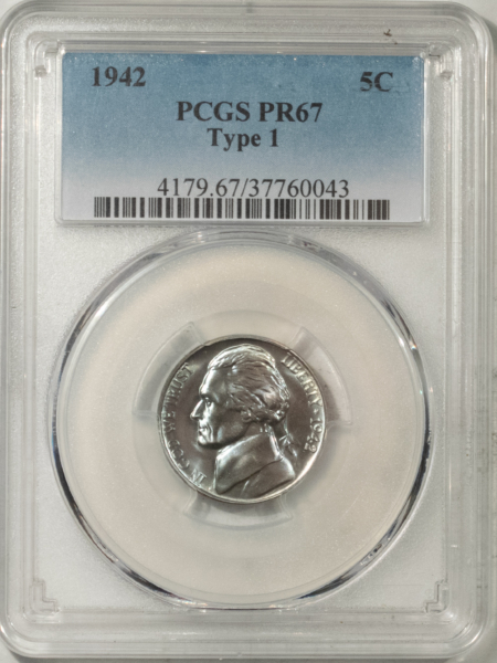 Jefferson Nickels 1942 PROOF JEFFERSON NICKEL TY I, PCGS PR-67, ICY BLUE, PREMIUM QUALITY, PRETTY!