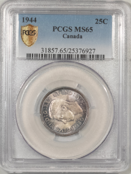 New Certified Coins CANADA 1944 TWENTY FIVE CENTS 25C, KM-35 – PCGS MS-65, PRETTY GEM, GEORGE VI