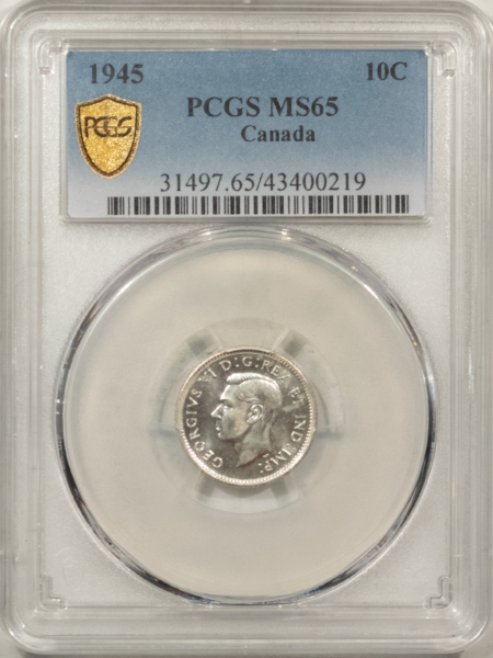 New Certified Coins CANADA 1945 TEN CENTS, KM-34 – PCGS MS-65, GEM W/ PROOFLIKE LOOK, GEORGE VI