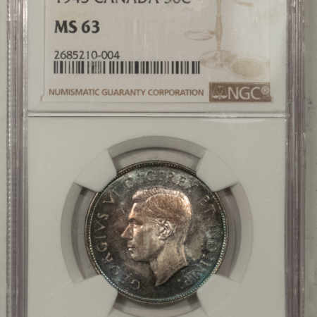 New Certified Coins CANADA 1945 FIFTY CENTS KM-36 – NGC MS-63, REALLY PRETTY!