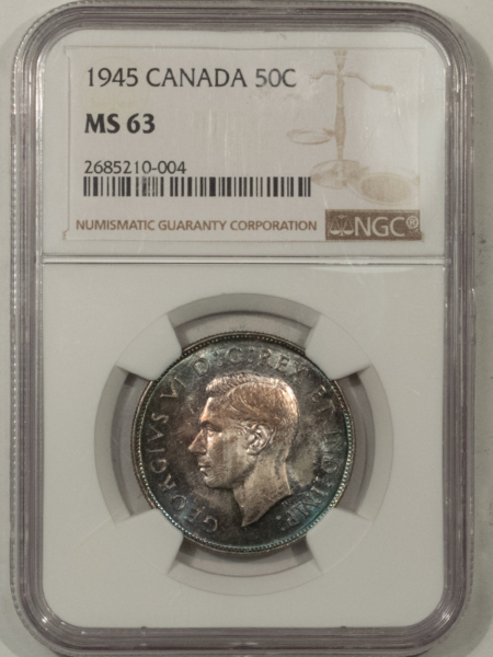 New Certified Coins CANADA 1945 FIFTY CENTS KM-36 – NGC MS-63, REALLY PRETTY!