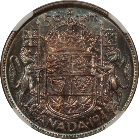 New Certified Coins CANADA 1945 FIFTY CENTS KM-36 – NGC MS-63, REALLY PRETTY!