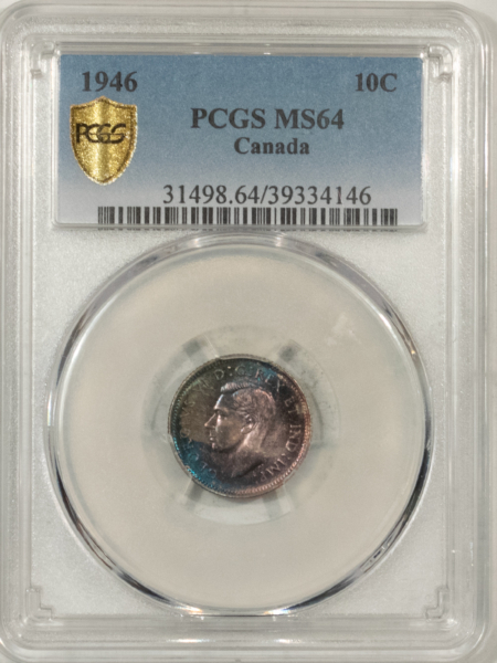 New Certified Coins CANADA 1946 GEORGE VI 10c, PCGS MS-64, EXQUISITE TONING-REALLY PRETTY!