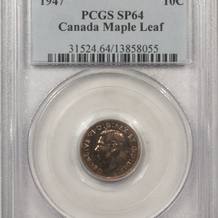 New Certified Coins CANADA 1947 TEN CENTS MAPLE LEAF, KM-34 – PCGS SP-64, SCARCE SPECIMEN, GEORGE VI