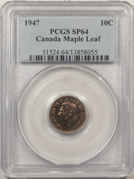 New Certified Coins CANADA 1947 TEN CENTS MAPLE LEAF, KM-34 – PCGS SP-64, SCARCE SPECIMEN, GEORGE VI