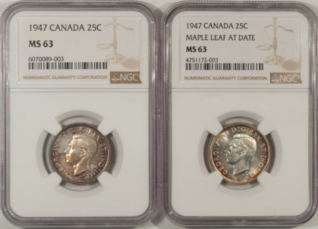 New Certified Coins CANADA GEORGE VI 25c PAIR: 1947 & 1947 MAPLE LEAF-BOTH NGC MS-63-REALLY PQ PAIR!