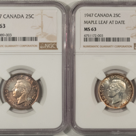 New Certified Coins CANADA GEORGE VI 25c PAIR: 1947 & 1947 MAPLE LEAF-BOTH NGC MS-63-REALLY PQ PAIR!