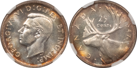 New Certified Coins CANADA GEORGE VI 25c PAIR: 1947 & 1947 MAPLE LEAF-BOTH NGC MS-63-REALLY PQ PAIR!