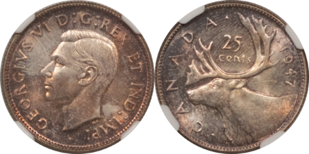 New Certified Coins CANADA GEORGE VI 25c PAIR: 1947 & 1947 MAPLE LEAF-BOTH NGC MS-63-REALLY PQ PAIR!