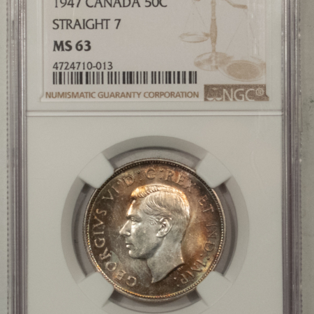 New Certified Coins CANADA 1947 FIFTY CENTS KM-36, STRAIGHT 7 – NGC MS-63, PRETTY!