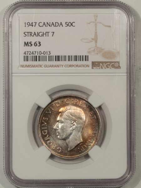 New Certified Coins CANADA 1947 FIFTY CENTS KM-36, STRAIGHT 7 – NGC MS-63, PRETTY!