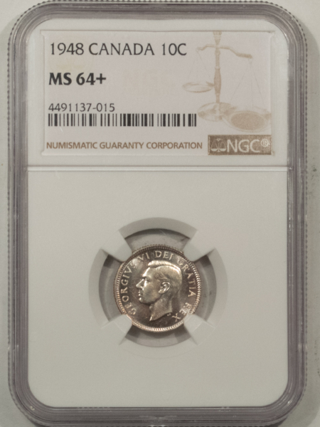 New Certified Coins CANADA 1948 GEORGE VI 10c, LOW MINTAGE & KEY DATE, NGC MS-64+SEMI-PL & LOOKS GEM