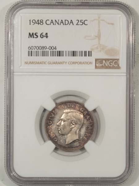 New Certified Coins CANADA 1948 TWENTY FIVE CENTS 25C, KM-44 – NGC MS-64, ORIGINAL, GEORGE VI