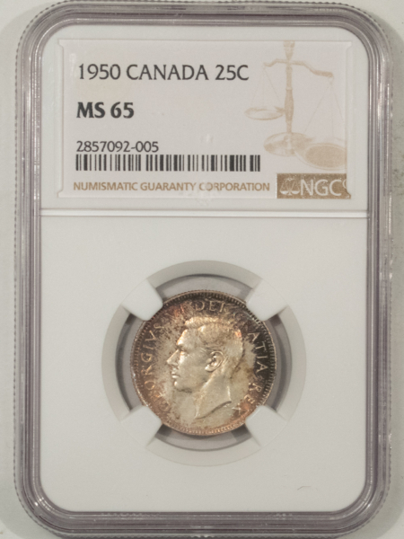 New Certified Coins CANADA 1950 TWENTY FIVE CENTS 25C, KM-44 – NGC MS-65, LOVELY GEM, GEORGE VI