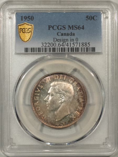 New Certified Coins CANADA 1950 FIFTY CENTS KM-45, DESIGN IN 0 – PCGS MS-64, PRETTY, PREMIUM QUALITY