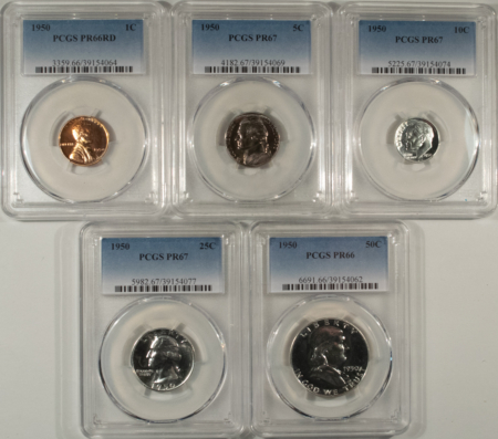 New Certified Coins 1950 5 COIN US SILVER PROOF SET- PCGS PR-66 RD/67/67/67/66 GEM+ FIRST MODERN SET