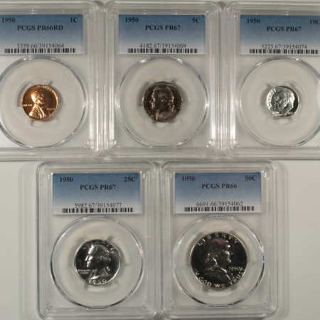 New Certified Coins 1950 5 COIN US SILVER PROOF SET- PCGS PR-66 RD/67/67/67/66 GEM+ FIRST MODERN SET