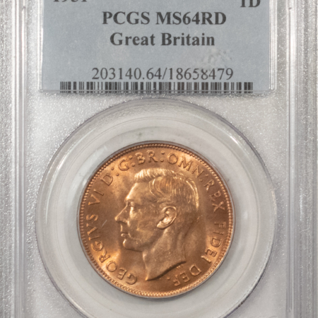 New Certified Coins 1951 GREAT BRITAIN LARGE 1 PENNY, KM#B69 – PCGS MS-64 RD, GEORGE VI