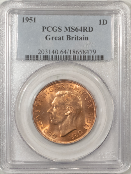 New Certified Coins 1951 GREAT BRITAIN LARGE 1 PENNY, KM#B69 – PCGS MS-64 RD, GEORGE VI