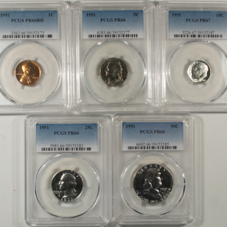 New Certified Coins 1951 5 COIN US SILVER PROOF SET PCGS PR-66 RD/66/67/66/66 GEM+ TOUGH MATCHED SET