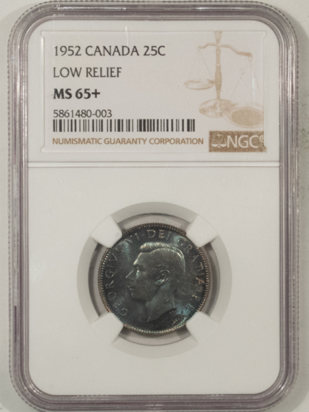 New Certified Coins CANADA 1952 TWENTY FIVE CENTS 25C, KM-44, LOW RELIEF – NGC MS-65+ PRETTY GEM!